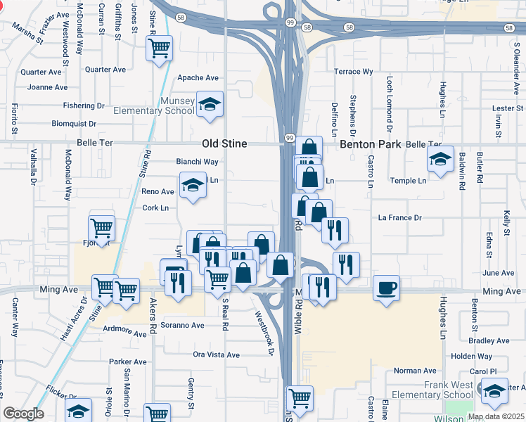 map of restaurants, bars, coffee shops, grocery stores, and more near 3416 Laverne Avenue in Bakersfield