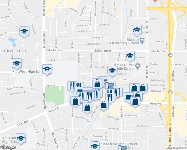 map of restaurants, bars, coffee shops, grocery stores, and more near 4420 Park Circle Drive in Bakersfield