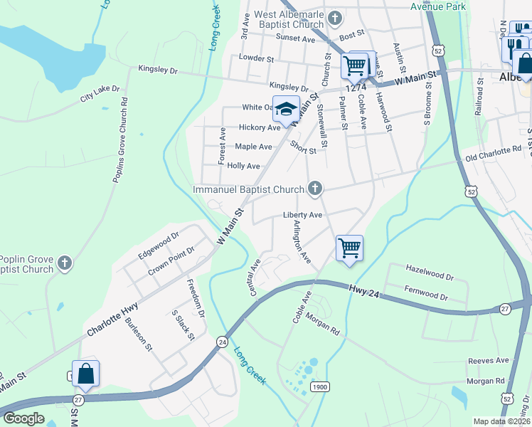 map of restaurants, bars, coffee shops, grocery stores, and more near 604 Central Avenue in Albemarle