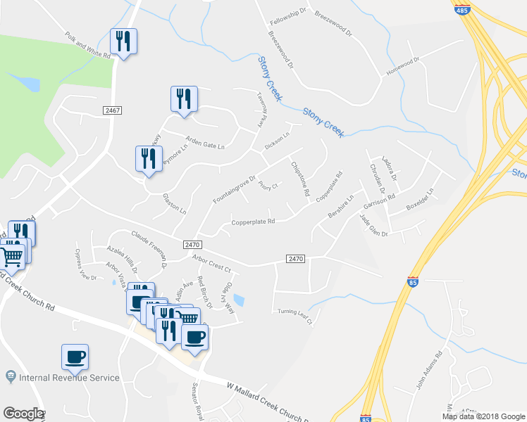 map of restaurants, bars, coffee shops, grocery stores, and more near 11005 Chilcomb Court in Charlotte