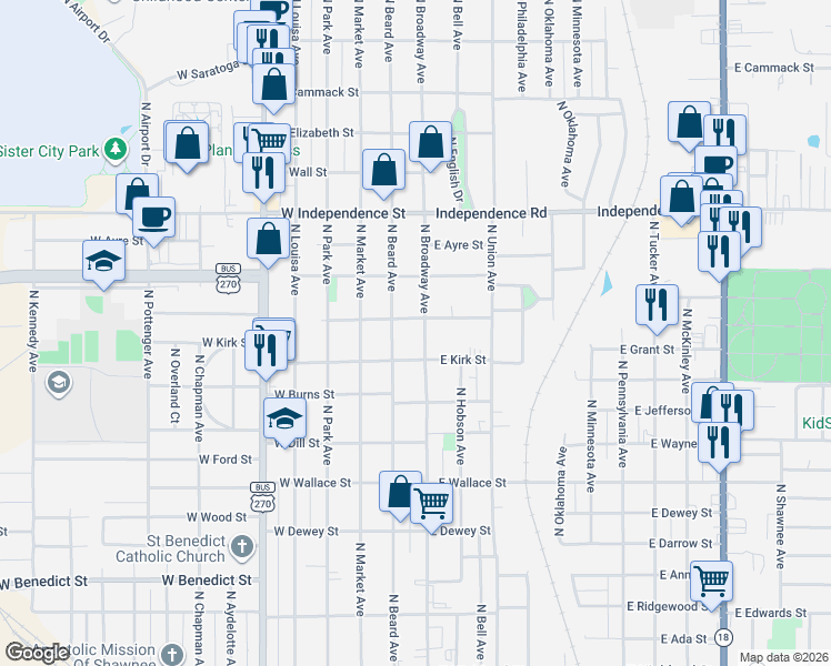 map of restaurants, bars, coffee shops, grocery stores, and more near 1116 North Broadway Avenue in Shawnee