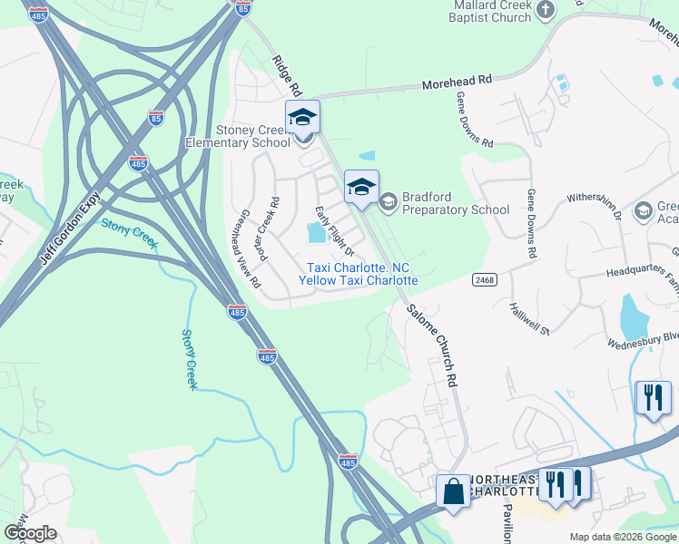 map of restaurants, bars, coffee shops, grocery stores, and more near 13925 Mallard Lake Road in Charlotte