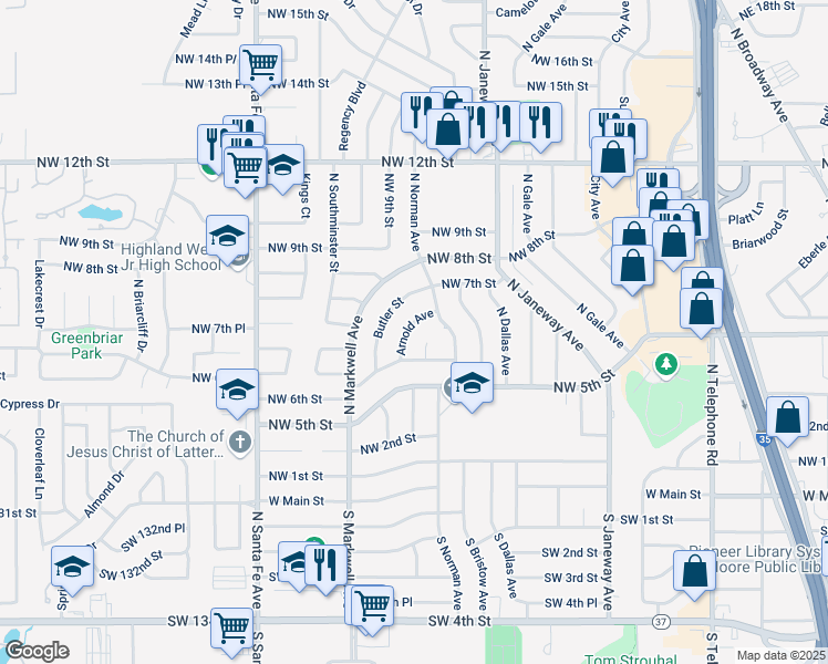 map of restaurants, bars, coffee shops, grocery stores, and more near 705 Wall Circle in Moore