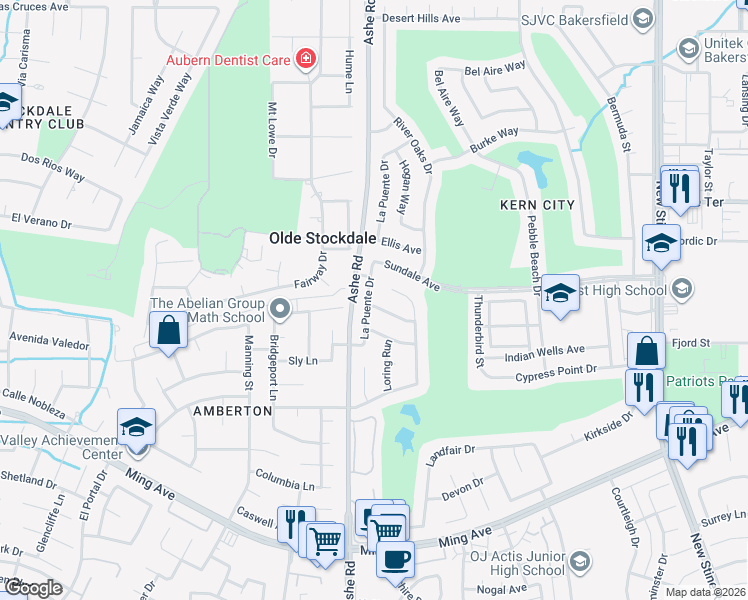 map of restaurants, bars, coffee shops, grocery stores, and more near 6407 Brooklawn Way in Bakersfield