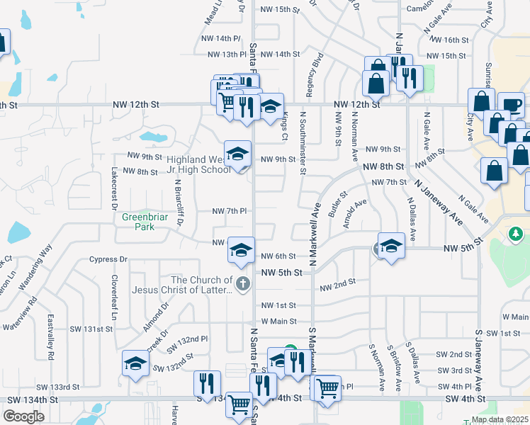 map of restaurants, bars, coffee shops, grocery stores, and more near 800 North Santa Fe Avenue in Moore