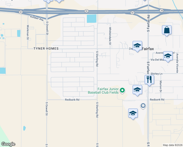 map of restaurants, bars, coffee shops, grocery stores, and more near 5506 Tierra Abierta Drive in Bakersfield