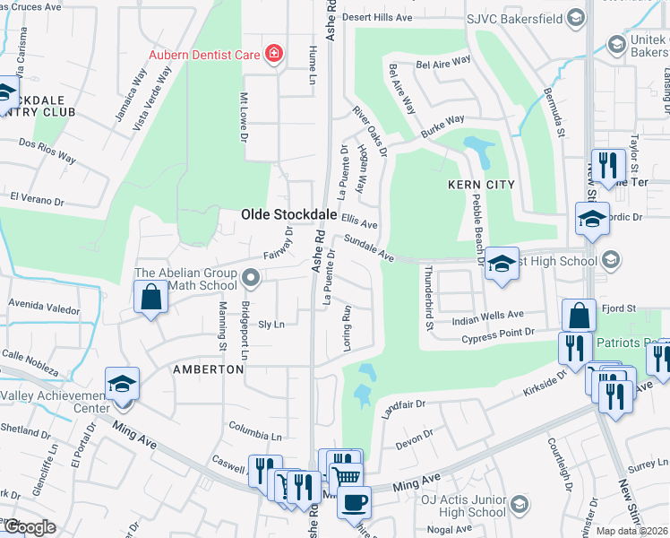 map of restaurants, bars, coffee shops, grocery stores, and more near 6407 Brooklawn Way in Bakersfield