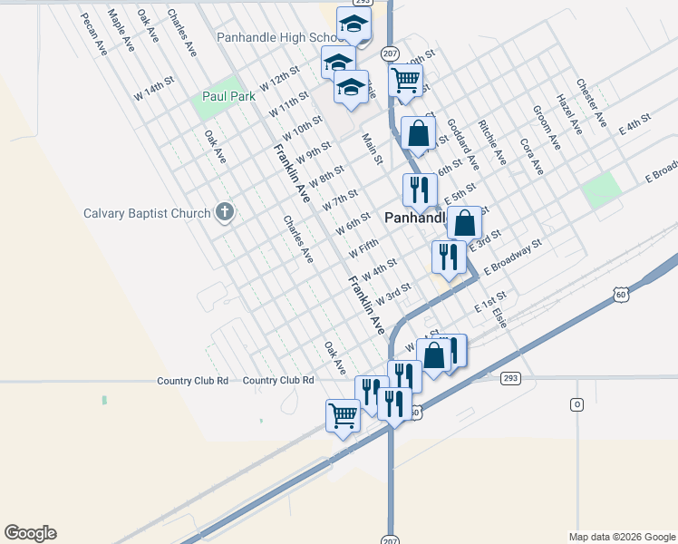 map of restaurants, bars, coffee shops, grocery stores, and more near 405 Charles Avenue in Panhandle