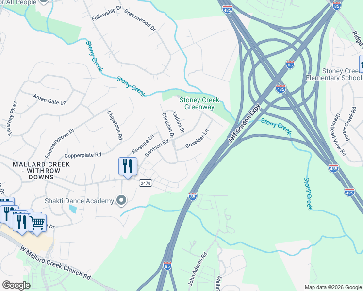 map of restaurants, bars, coffee shops, grocery stores, and more near 1140 Boxelder Lane in Charlotte