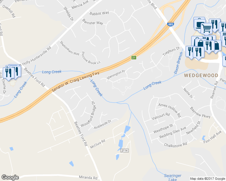 map of restaurants, bars, coffee shops, grocery stores, and more near 9029 Cinnabay Drive in Charlotte