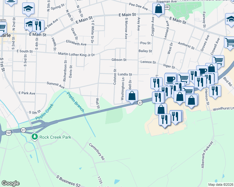 map of restaurants, bars, coffee shops, grocery stores, and more near 580 Washington Lane in Albemarle