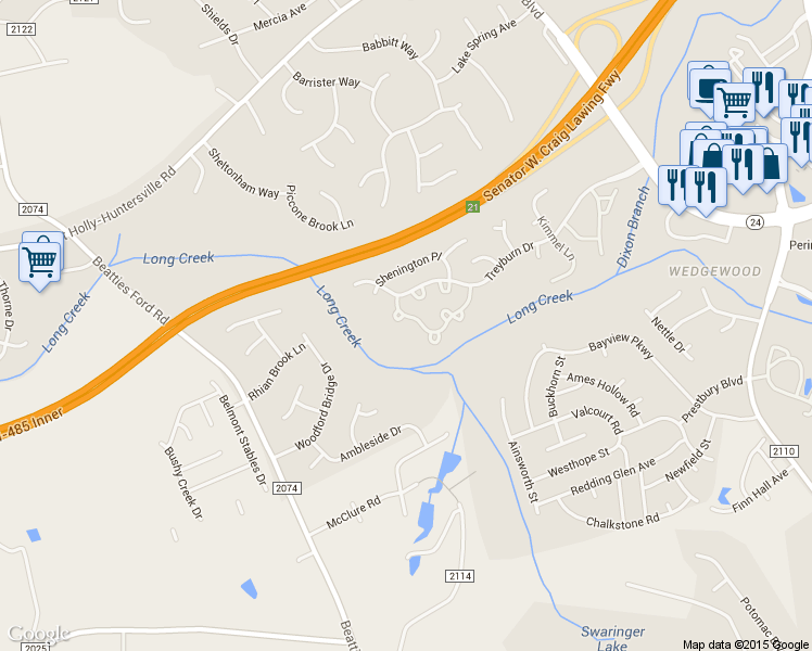map of restaurants, bars, coffee shops, grocery stores, and more near 9029 Cinnabay Drive in Charlotte