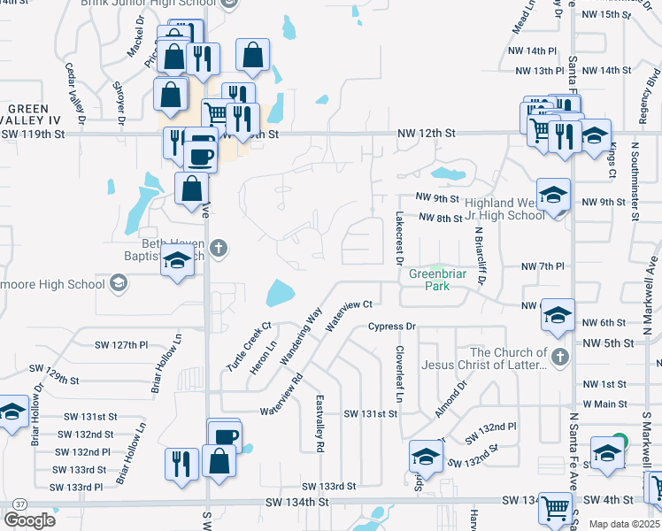 map of restaurants, bars, coffee shops, grocery stores, and more near 609 Wandering Way in Oklahoma City