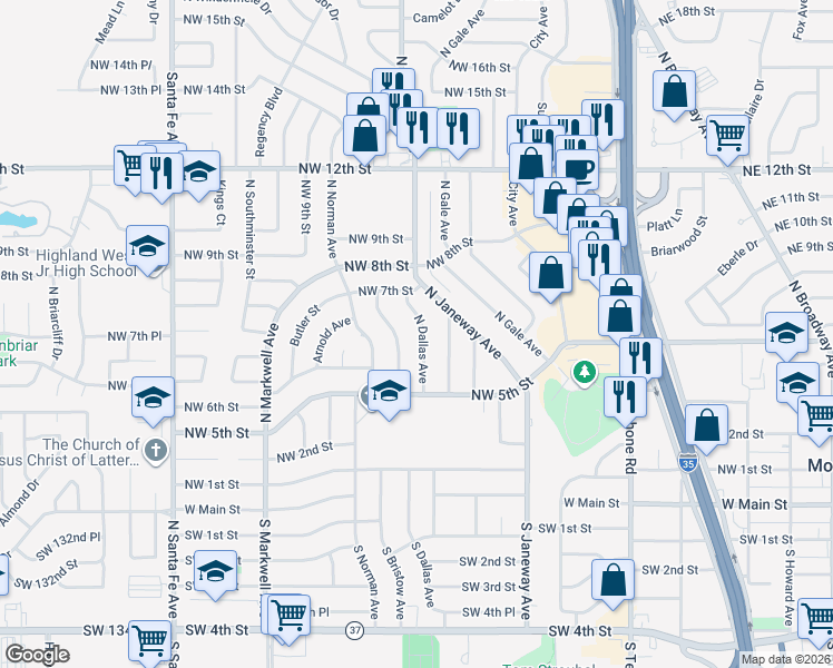 map of restaurants, bars, coffee shops, grocery stores, and more near 628 North Bristow Avenue in Moore