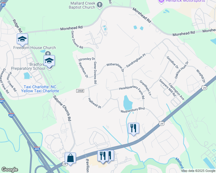map of restaurants, bars, coffee shops, grocery stores, and more near 12620 Headquarters Farm Road in Charlotte