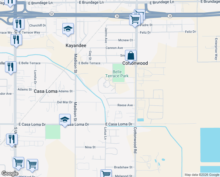 map of restaurants, bars, coffee shops, grocery stores, and more near 1100 Citadel Street in Bakersfield