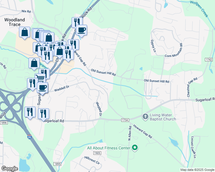 map of restaurants, bars, coffee shops, grocery stores, and more near 3851 Howard Gap Road in Hendersonville