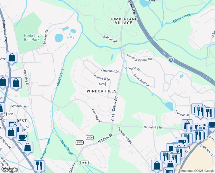 map of restaurants, bars, coffee shops, grocery stores, and more near 105 Azalea Way in Hendersonville
