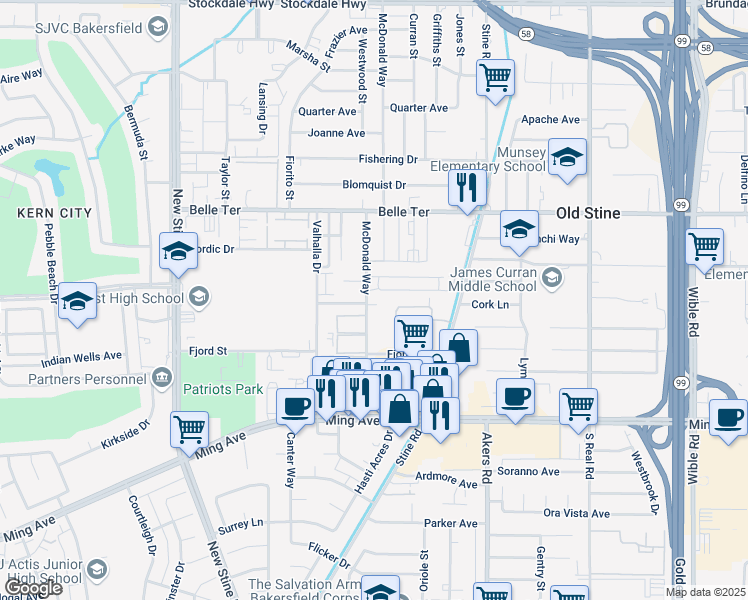 map of restaurants, bars, coffee shops, grocery stores, and more near 1208 McDonald Way in Bakersfield