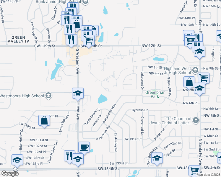 map of restaurants, bars, coffee shops, grocery stores, and more near 12341 Shorehan Court in Oklahoma City