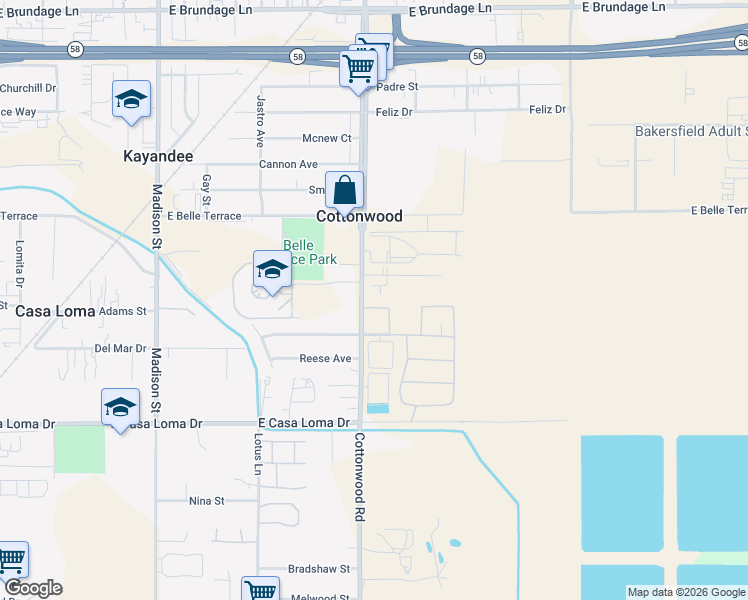 map of restaurants, bars, coffee shops, grocery stores, and more near 1119 Cottonwood Road in Bakersfield