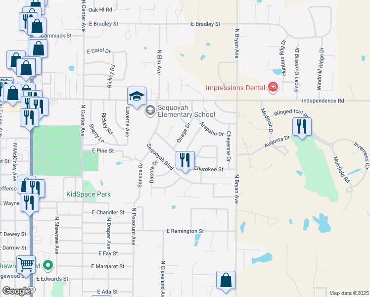 map of restaurants, bars, coffee shops, grocery stores, and more near 15 Mojave Drive in Shawnee
