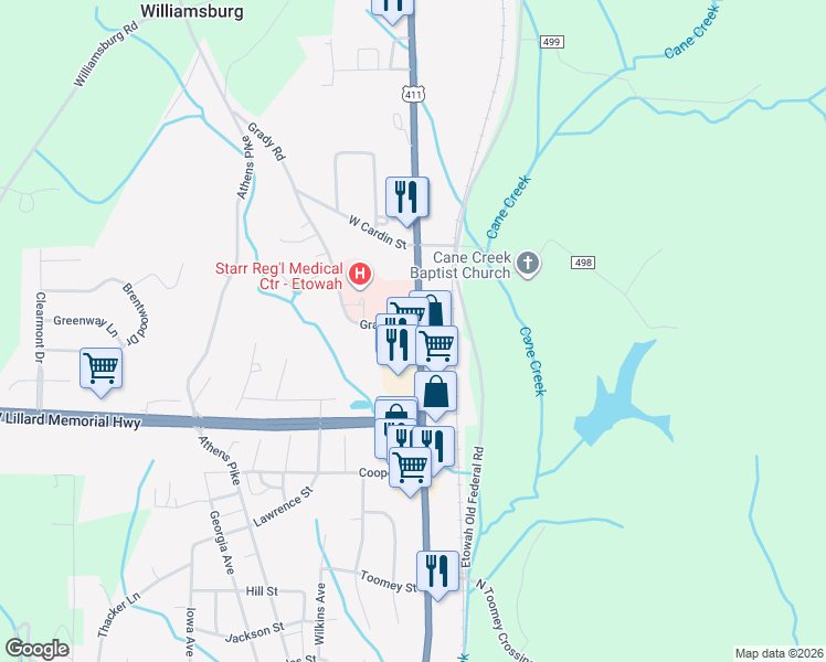 map of restaurants, bars, coffee shops, grocery stores, and more near 1121 Tennessee Ave in Etowah