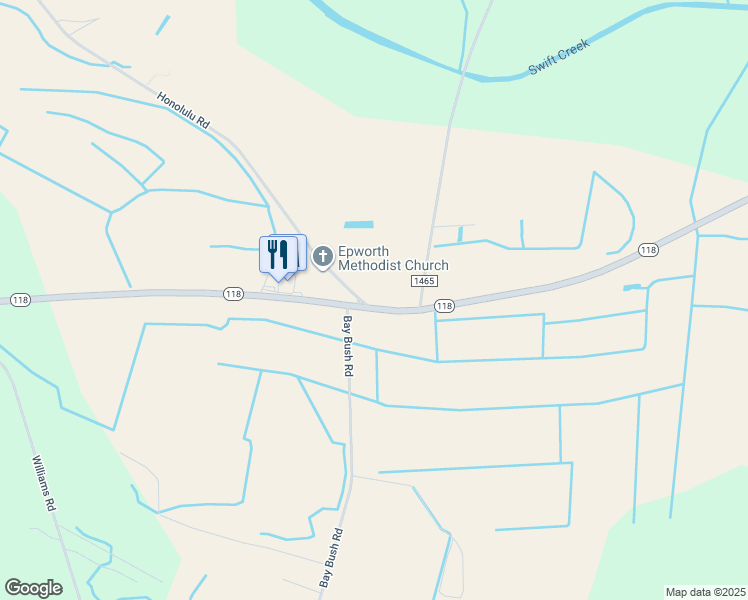 map of restaurants, bars, coffee shops, grocery stores, and more near 100 Honolulu Road in Vanceboro