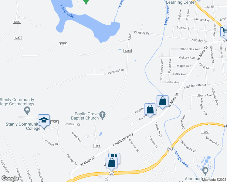 map of restaurants, bars, coffee shops, grocery stores, and more near 28317 Poplins Grove Church Road in Albemarle