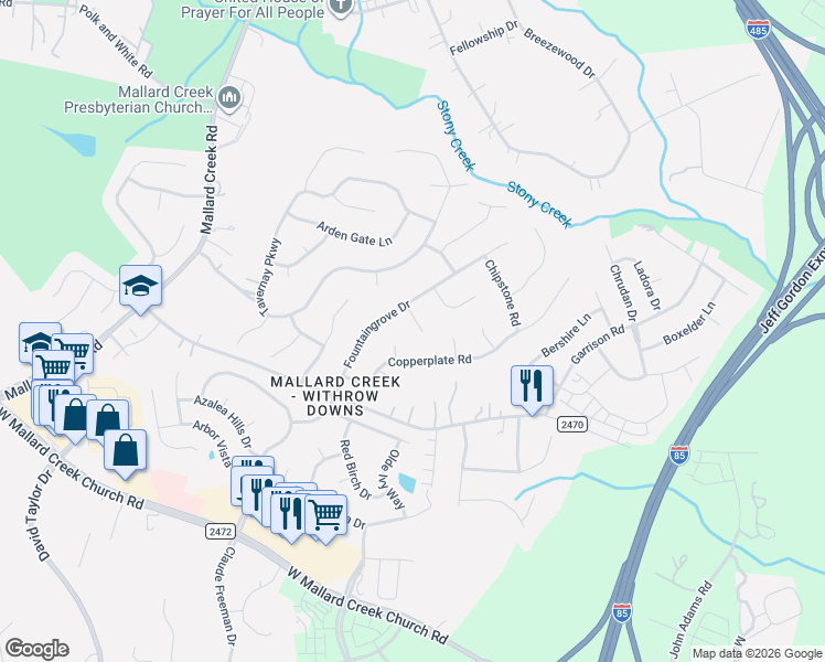 map of restaurants, bars, coffee shops, grocery stores, and more near 2122 Towton Court in Charlotte