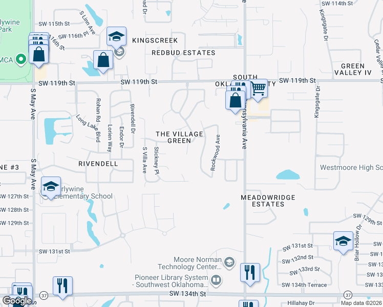 map of restaurants, bars, coffee shops, grocery stores, and more near 2301 Southwest 122nd Place in Oklahoma City