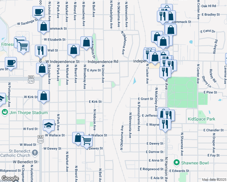map of restaurants, bars, coffee shops, grocery stores, and more near 15 East Park Drive in Shawnee
