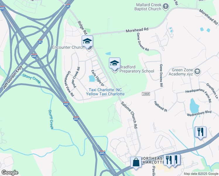 map of restaurants, bars, coffee shops, grocery stores, and more near 2424 Early Flight Drive in Charlotte