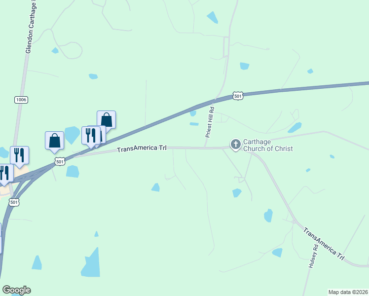 map of restaurants, bars, coffee shops, grocery stores, and more near 431 Union Church Road in Carthage