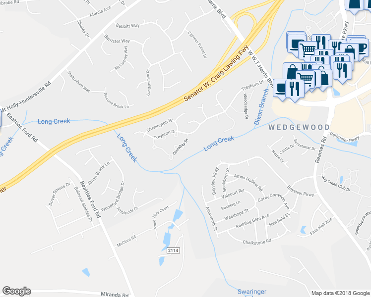 map of restaurants, bars, coffee shops, grocery stores, and more near 8807 Cinnabay Drive in Charlotte