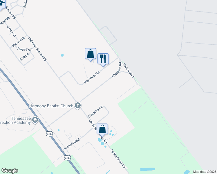 map of restaurants, bars, coffee shops, grocery stores, and more near 322 Wiseman Road in Tullahoma