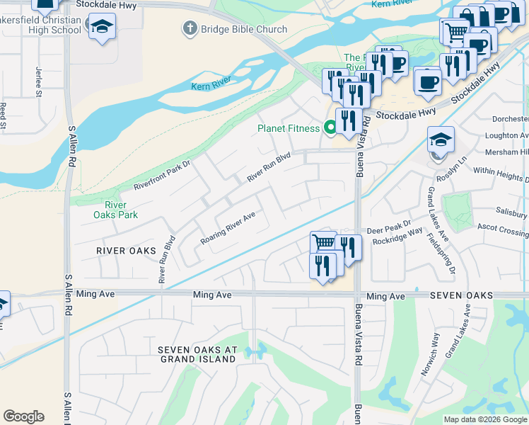 map of restaurants, bars, coffee shops, grocery stores, and more near 1119 Bluestone River Way in Bakersfield