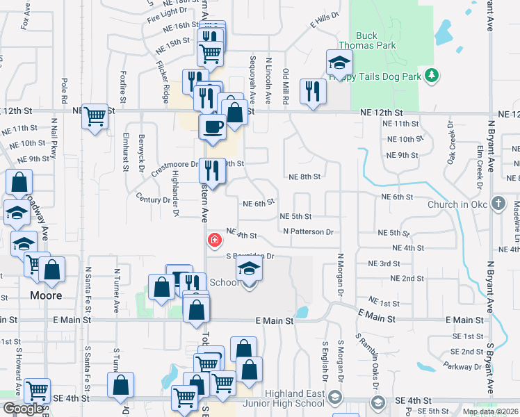 map of restaurants, bars, coffee shops, grocery stores, and more near 920 Northeast 6th Street in Moore