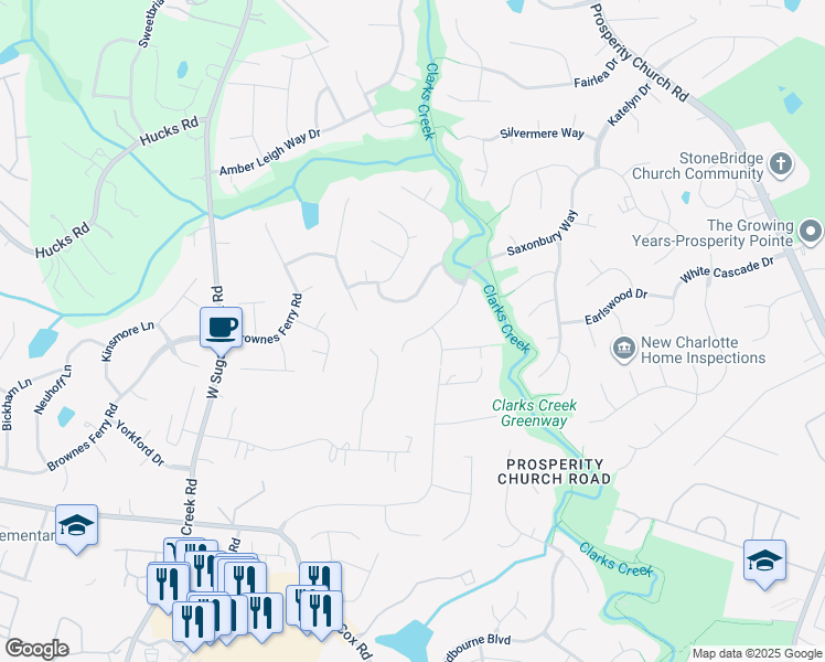 map of restaurants, bars, coffee shops, grocery stores, and more near 4714 Saxonbury Way in Charlotte
