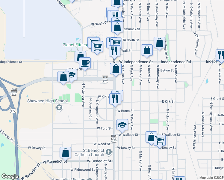 map of restaurants, bars, coffee shops, grocery stores, and more near 1141 North Kickapoo Avenue in Shawnee