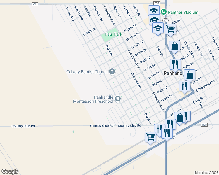 map of restaurants, bars, coffee shops, grocery stores, and more near 701 Pecan Avenue in Panhandle
