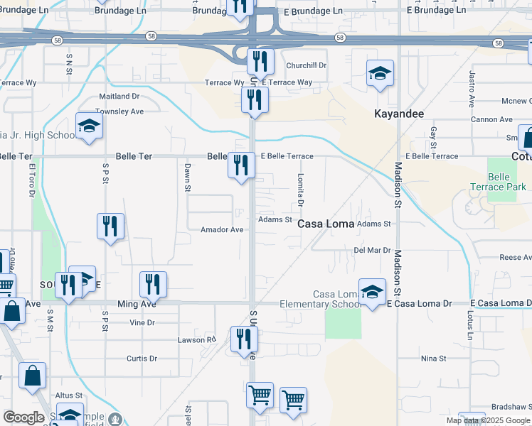 map of restaurants, bars, coffee shops, grocery stores, and more near 940 South Union Avenue in Bakersfield