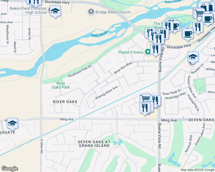 map of restaurants, bars, coffee shops, grocery stores, and more near 12000 Sturgeon Creek Drive in Bakersfield