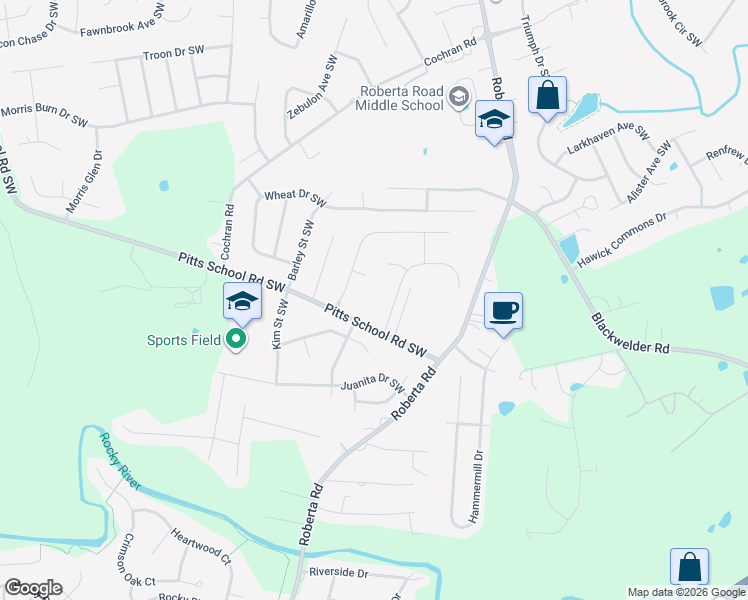 map of restaurants, bars, coffee shops, grocery stores, and more near 5314 Hackberry Lane Southwest in Concord