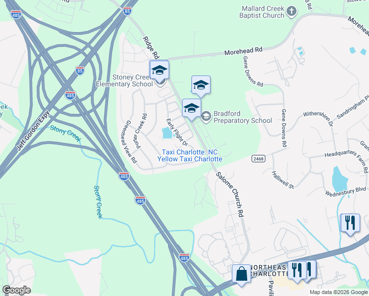 map of restaurants, bars, coffee shops, grocery stores, and more near 14235 Drake Watch Lane in Charlotte