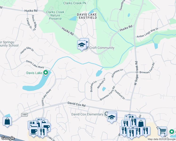 map of restaurants, bars, coffee shops, grocery stores, and more near 8935 Newgard Court in Charlotte