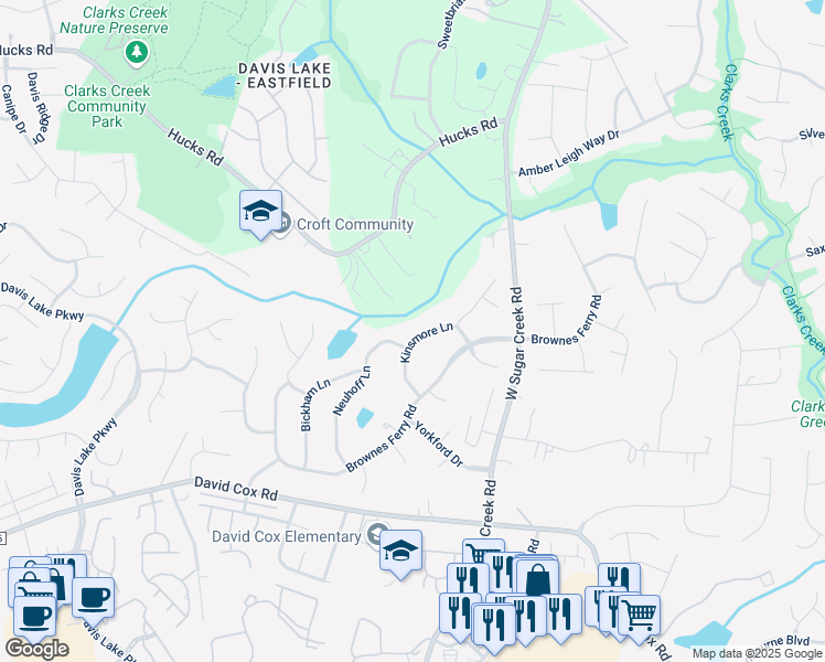 map of restaurants, bars, coffee shops, grocery stores, and more near 7314 Kinsmore Lane in Charlotte