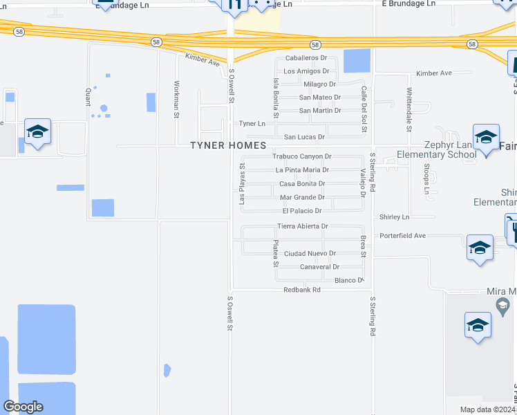 map of restaurants, bars, coffee shops, grocery stores, and more near 5016 El Palacio Drive in Bakersfield