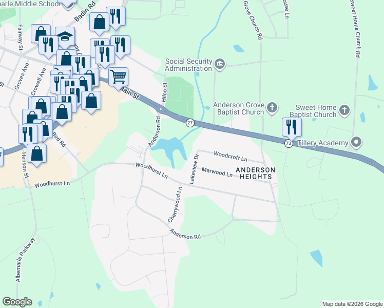 map of restaurants, bars, coffee shops, grocery stores, and more near 2101 Woodcroft Lane in Albemarle