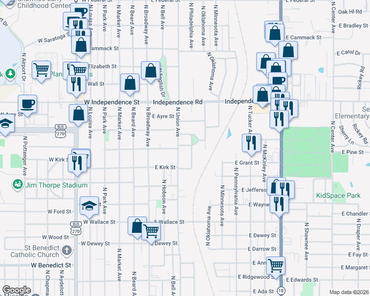 map of restaurants, bars, coffee shops, grocery stores, and more near 1207 North Union Avenue in Shawnee